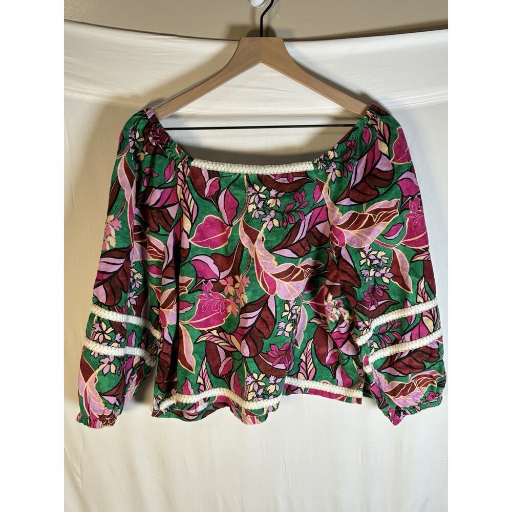Cynthia Rowley Linen Floral Crop Top M Boho Cottagecore Peasant Resort Puff Boho